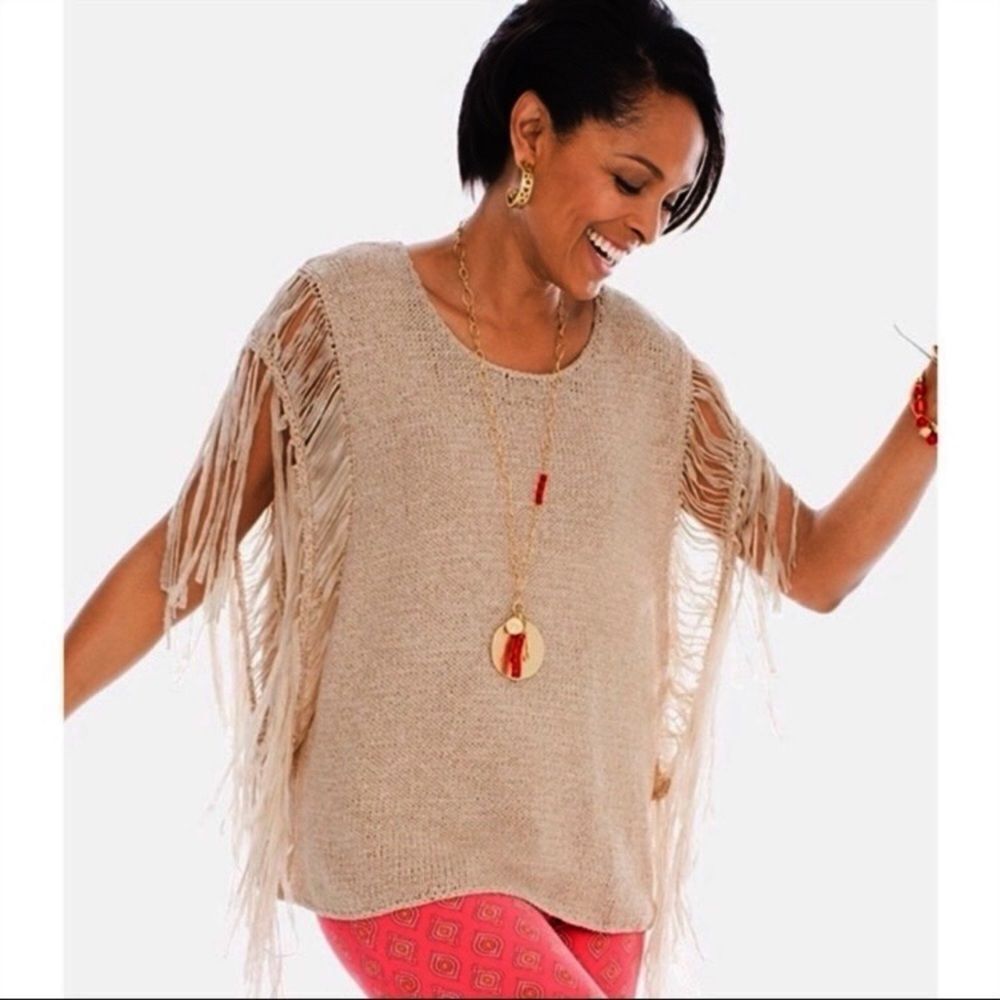 Chico’s Boho Chic Fringe Sleeves Top Sz S/M Artisanal Weave Tunic